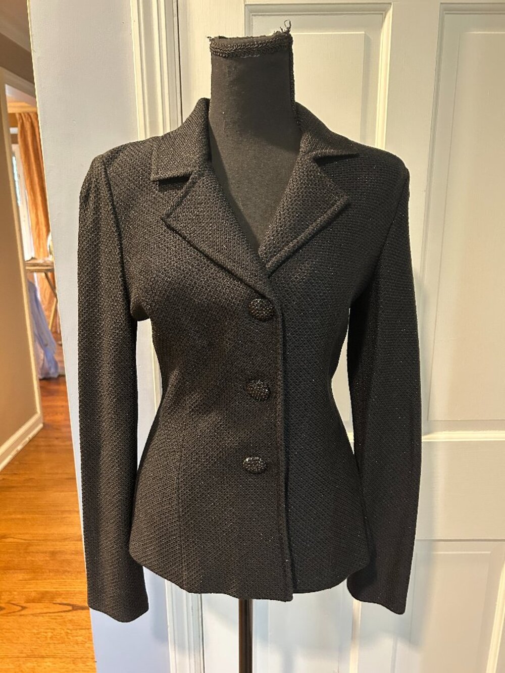 St. John Caviar Black Knit Blazer, Sz 4, Satin Back, Crystal Black Buttons, NWT
